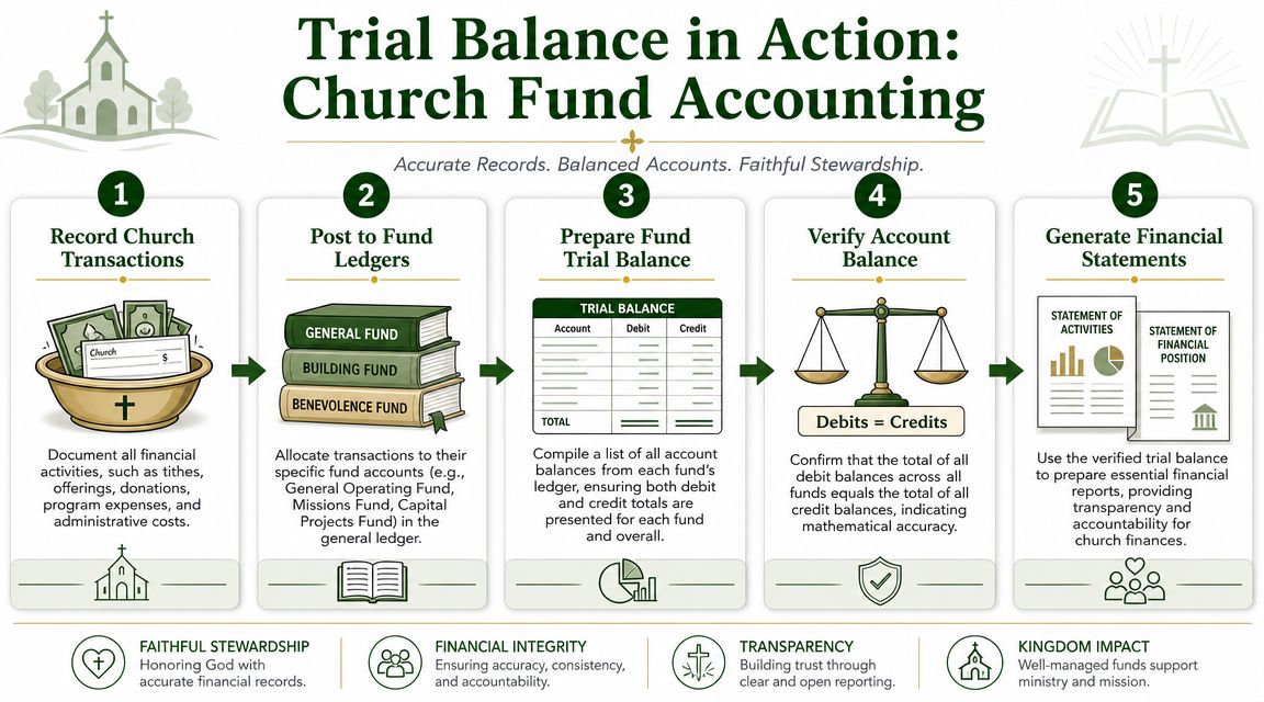 An infographic showing the five steps of the church fund accounting process for maintaining financial accuracy.