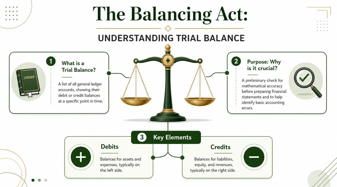 An infographic titled The Balancing Act explaining the purpose and components of an accounting trial balance.