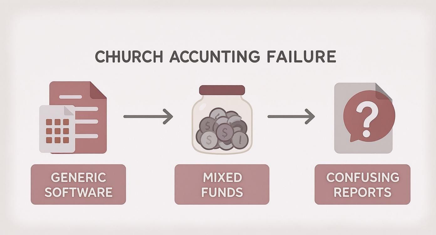 Diagram showing church accounting failure from generic software through mixed funds leading to confusing reports