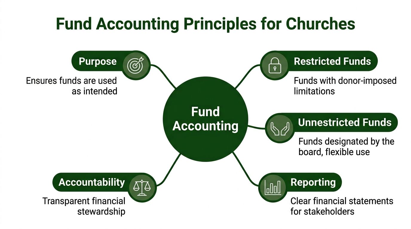 A diagram illustrating fund accounting principles for churches including purpose, accountability, restricted funds, unrestricted funds, and reporting.