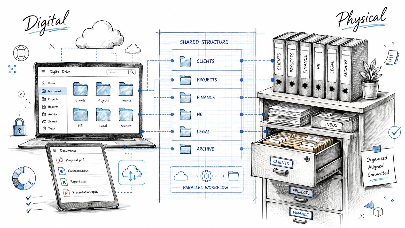 A diagram illustrating the connection between digital file management and physical paper record organization systems.