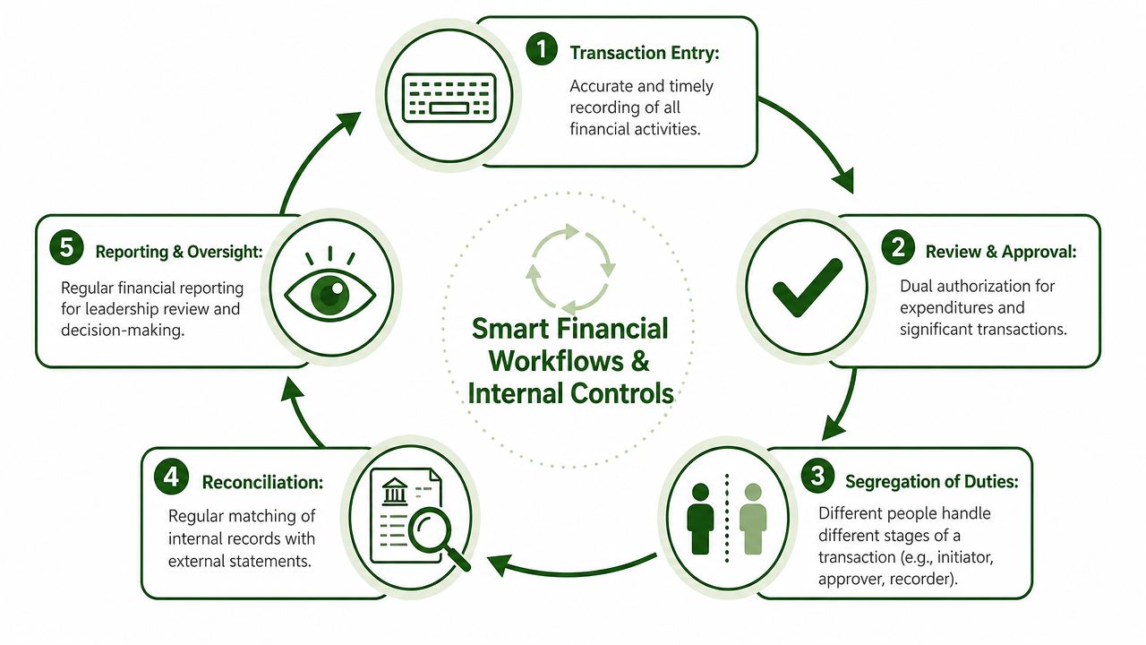 A circular diagram outlining the five steps for smart financial workflows and effective internal controls for businesses.