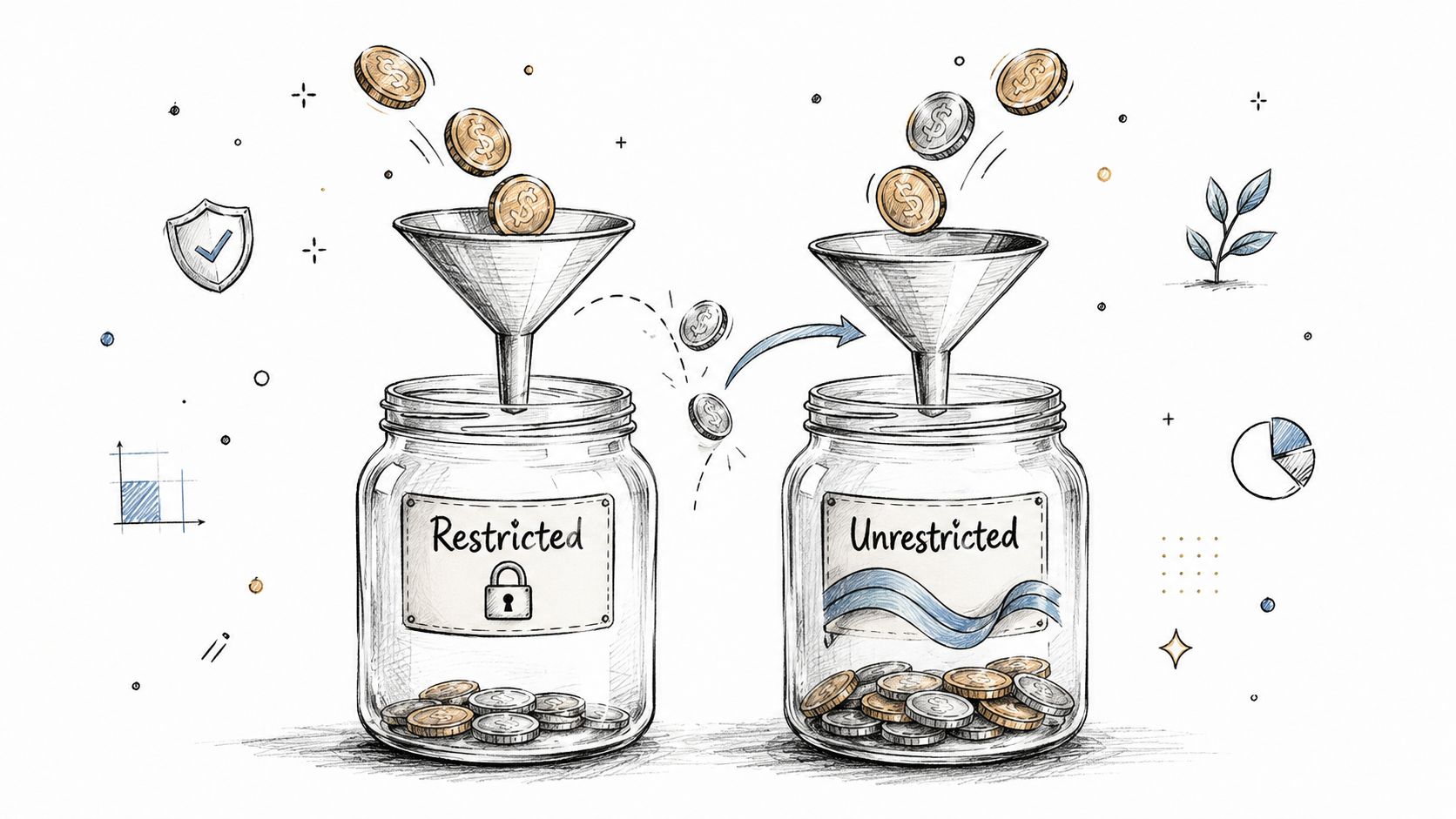 A hand-drawn illustration showing two glass jars, one labeled Restricted and one Unrestricted, with coins flowing into them.