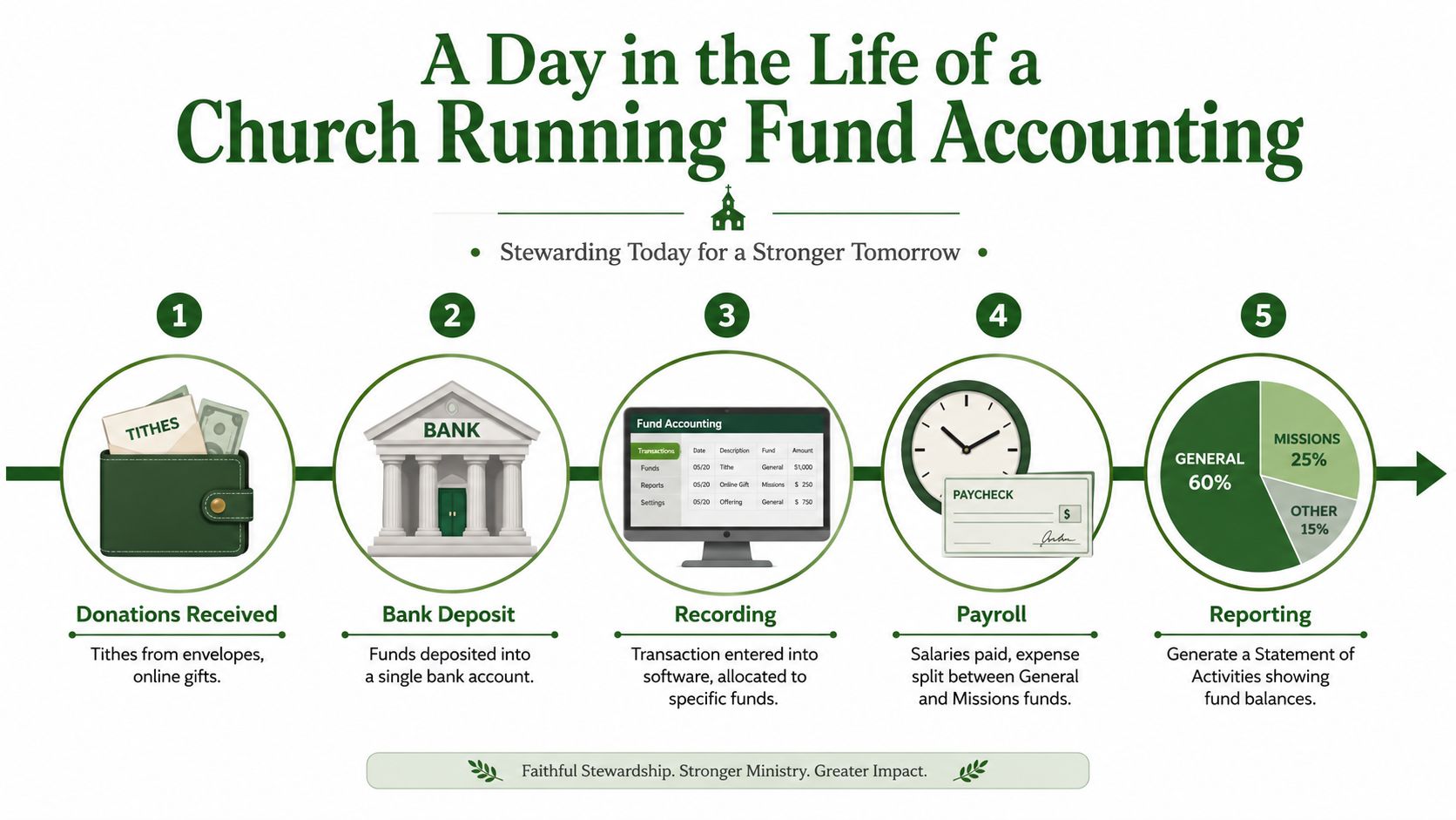 An infographic showing the five steps of church fund accounting, from receiving donations to financial reporting.