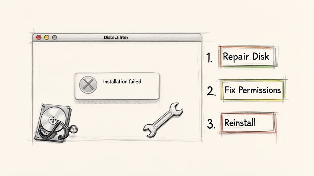 Mac installation failed error with troubleshooting steps: repair disk, fix permissions, and reinstall.