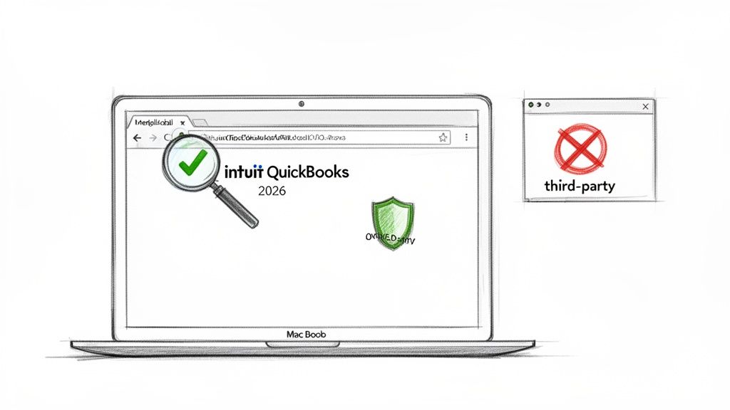 A sketch of a laptop showing Intuit QuickBooks 2026, security features, and rejecting third-party access.