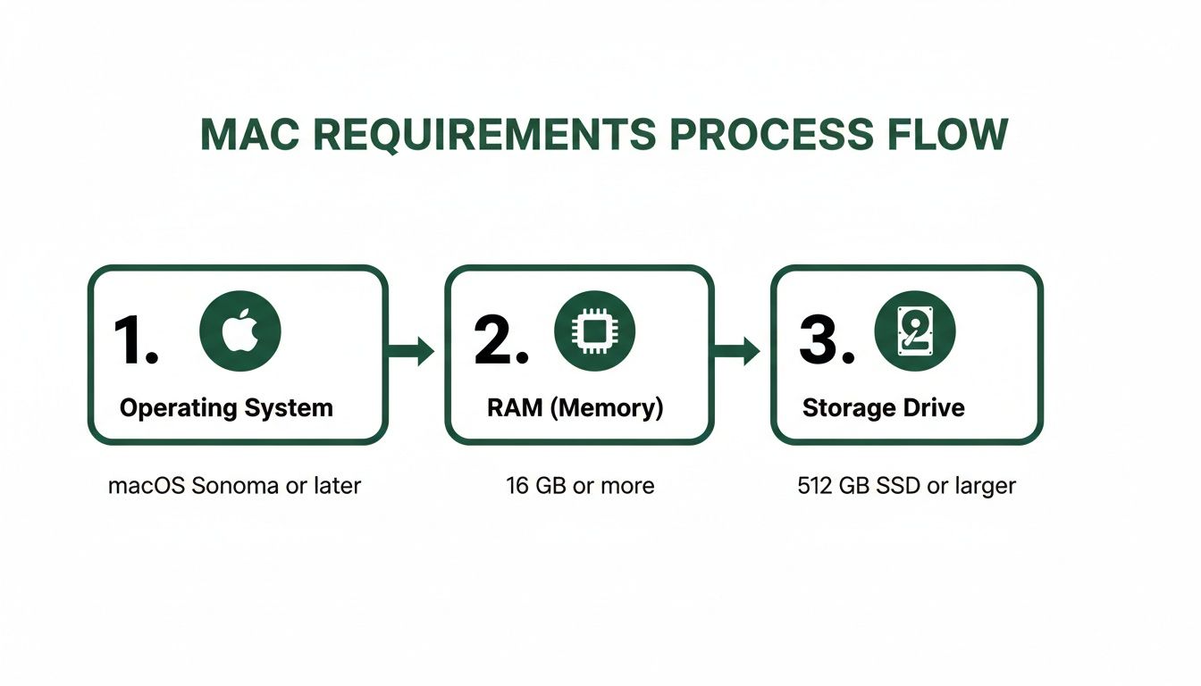 Mac requirements process flow detailing specifications for operating system, RAM, and storage drive.