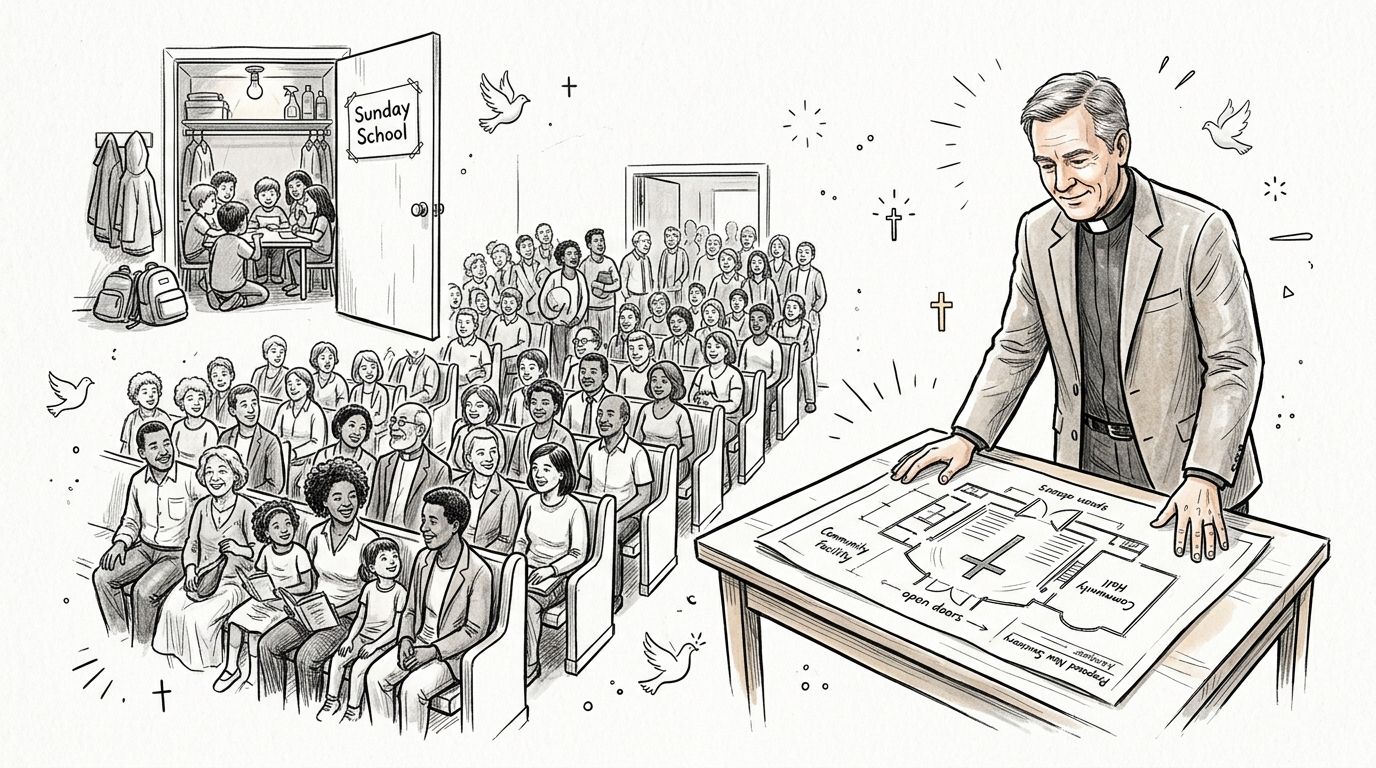 A pastor reviews architectural plans for a new church expansion while congregants gather in the background.