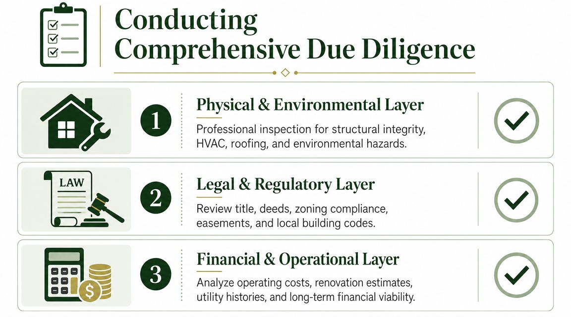 A checklist infographic illustrating the three essential layers for conducting comprehensive real estate due diligence.
