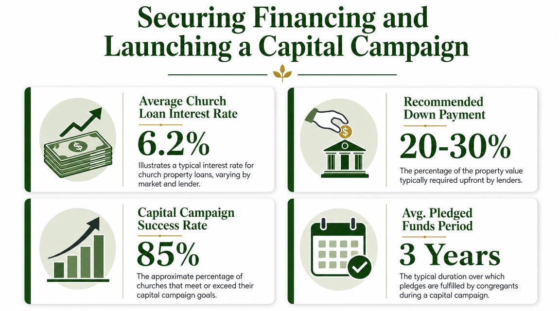 An infographic detailing typical church loan interest rates, recommended down payments, campaign success rates, and pledge periods.