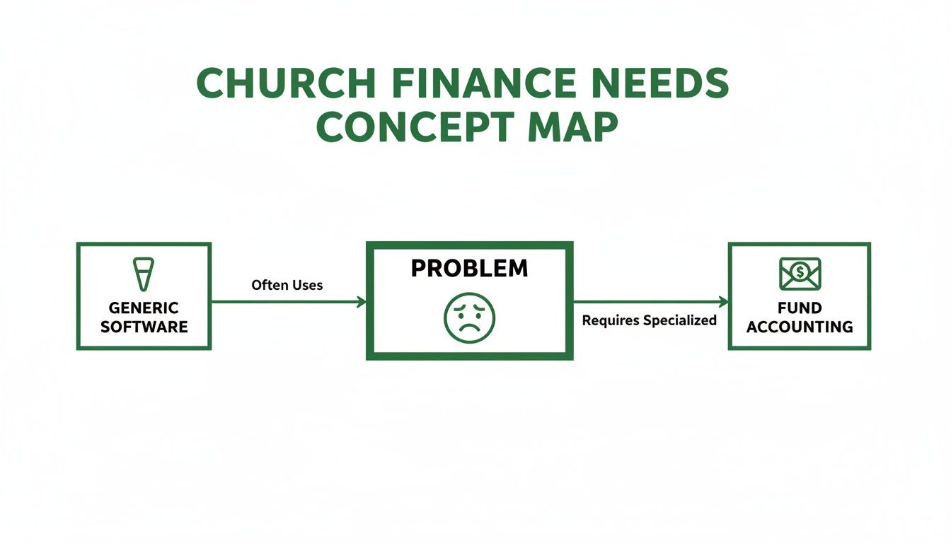 Concept map illustrating church finance needs, showing generic software leads to problems requiring specialized fund accounting.