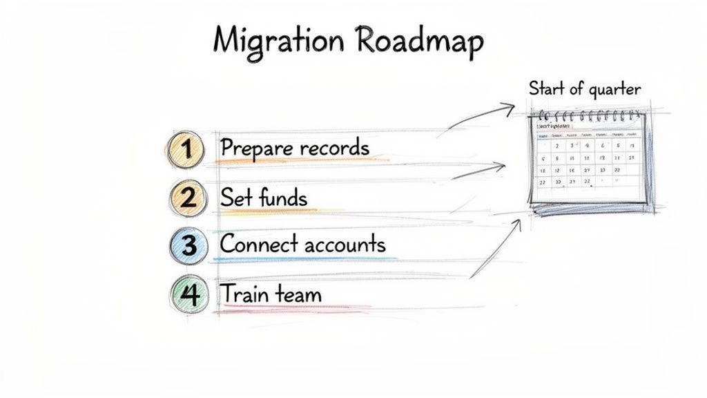 Migration roadmap with steps: prepare records, set funds, connect accounts, train team, set for quarter start.
