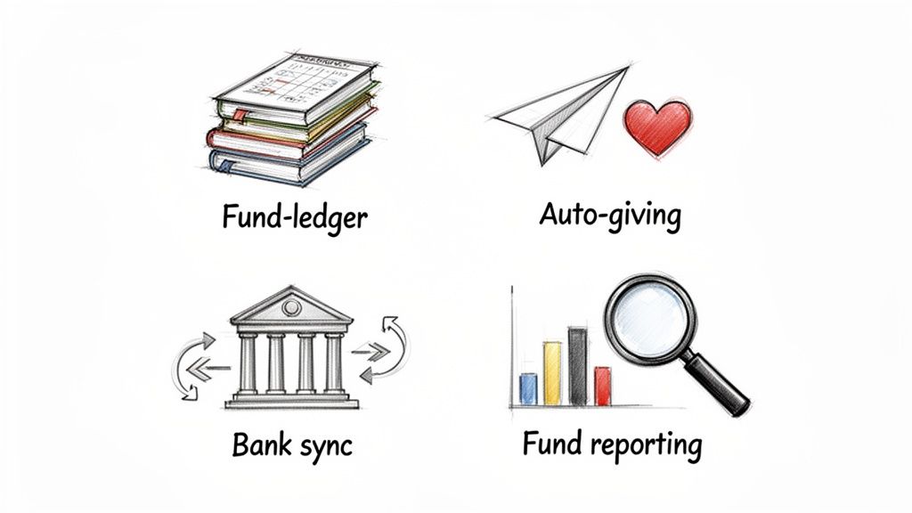 Illustrative icons representing church bookkeeping software features: fund ledger, auto-giving, bank sync, and fund reporting.