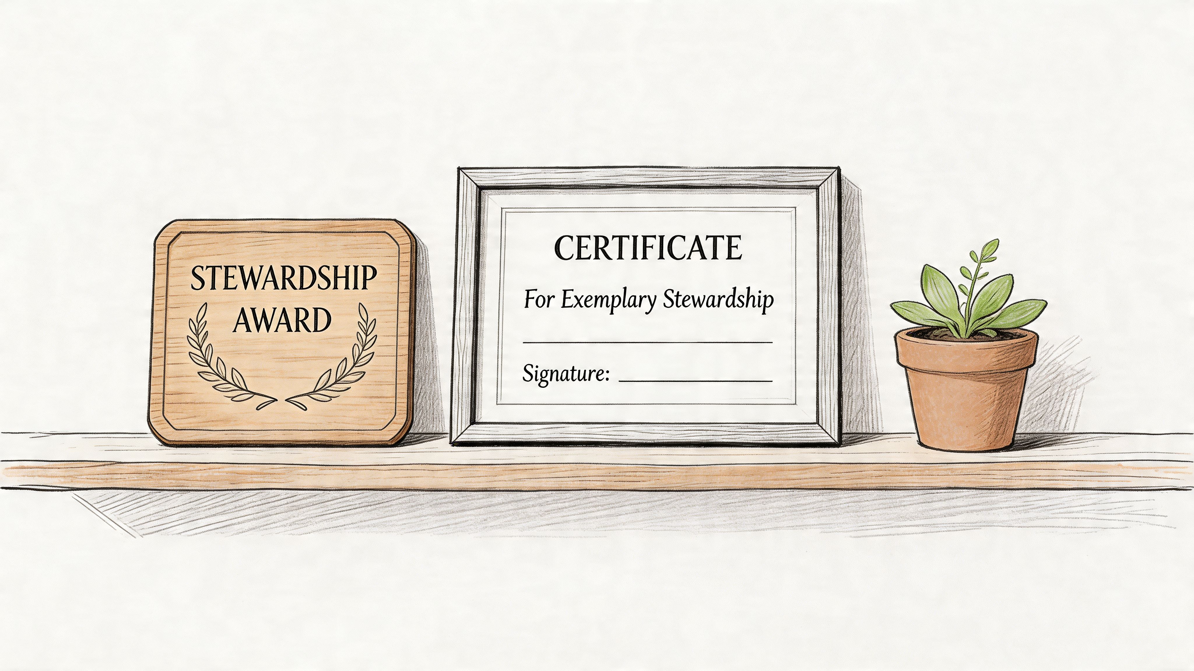 A wooden stewardship award plaque, a framed certificate, and a small potted plant on a shelf.
