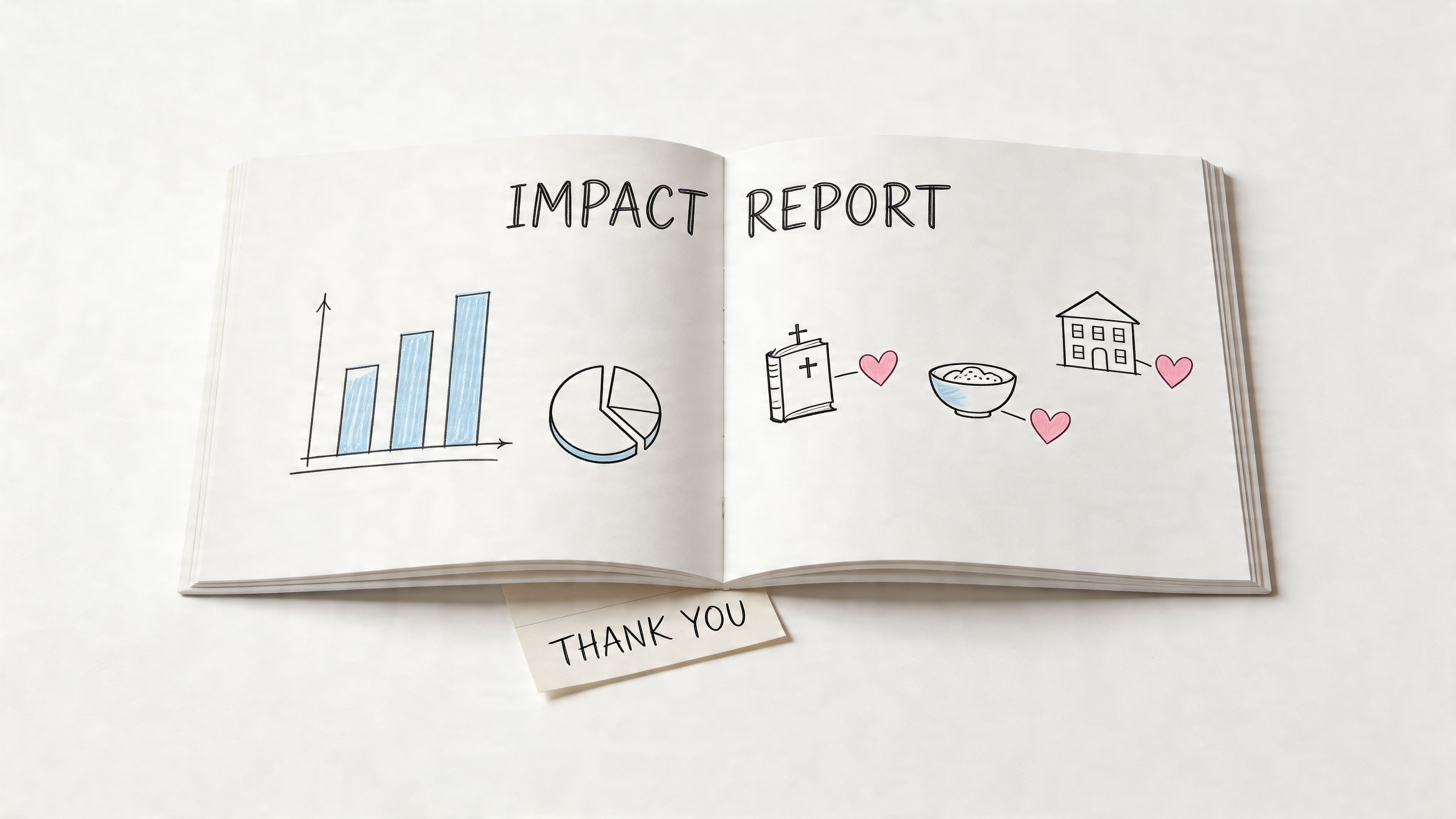 Open book showing impact report graphics of a bar chart, pie chart, Bible, food bowl, and house.