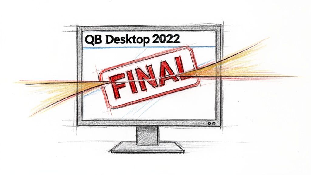 A hand-drawn sketch of a computer monitor displaying the text QB Desktop 2022 with a red final stamp.