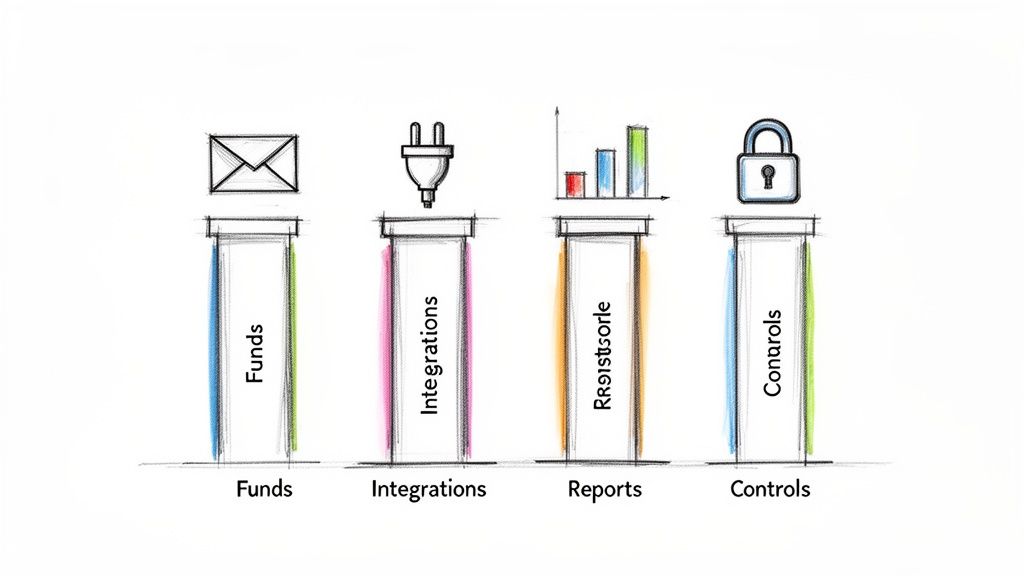 Four hand-drawn pillars representing Funds, Integrations, Reports, and Controls with respective icons.