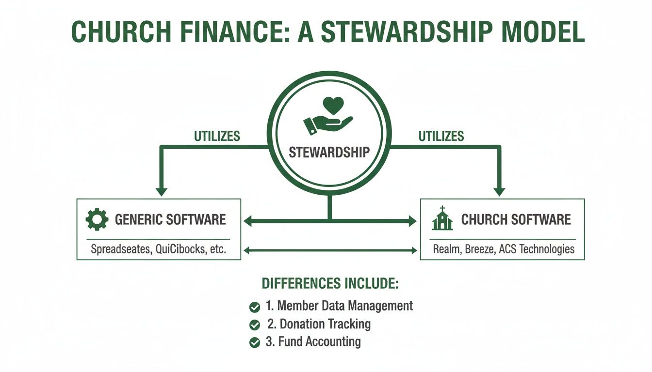 A diagram illustrating church finance stewardship and its utilization of generic and church-specific software.