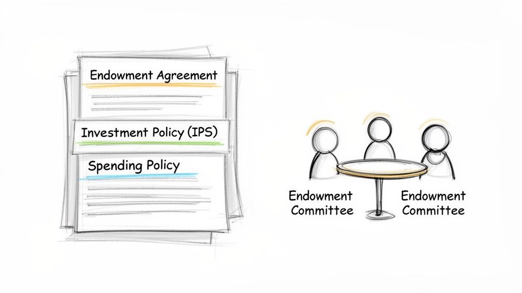 Documents on endowment agreement, investment policy, spending policy, and an endowment committee meeting.