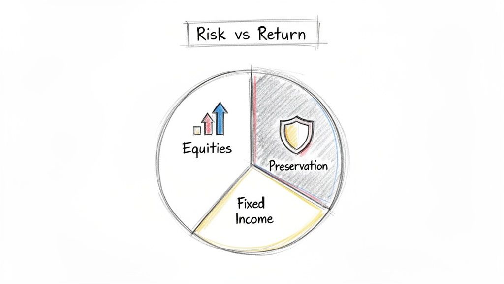 A pie chart illustrating investment allocation for risk vs return, showing equities, preservation, and fixed income.