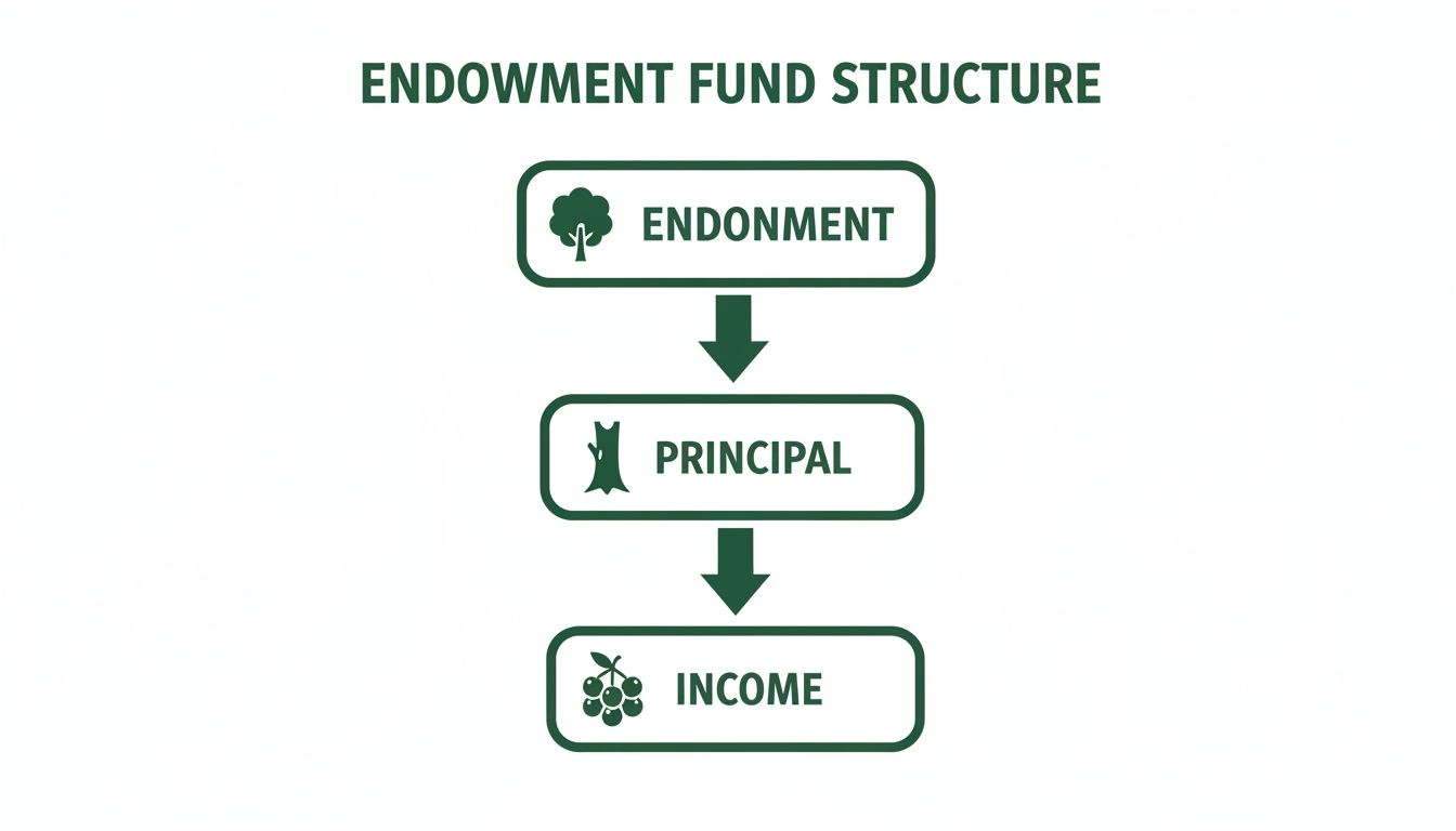 Diagram illustrating the endowment fund structure, showing the flow from endowment to principal and then to income.