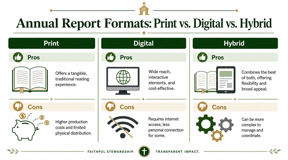 An infographic comparing print, digital, and hybrid annual report formats, outlining their respective pros and cons.