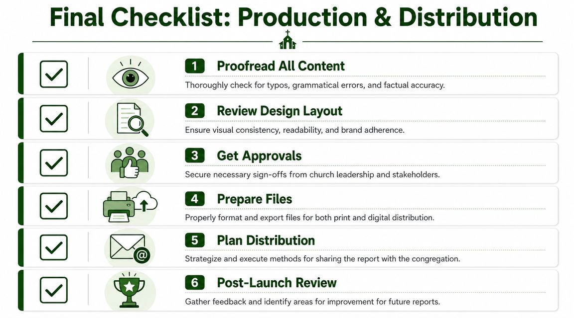 A six-step checklist infographic for church production and distribution of reports with icons and text.