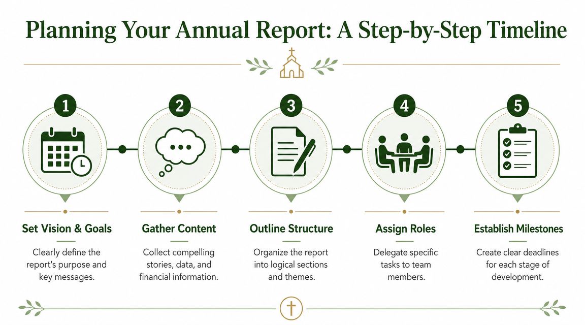 A five-step planning timeline for creating a church annual report, including vision, content gathering, and milestones.
