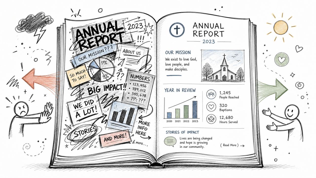A creative sketch of an annual church report featuring infographics, mission statements, and community impact statistics.
