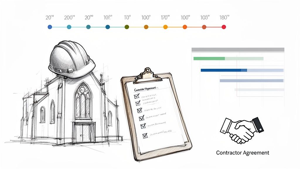 Illustration depicting church construction planning with a building sketch, hard hat, timeline, checklist, and contractor agreement.