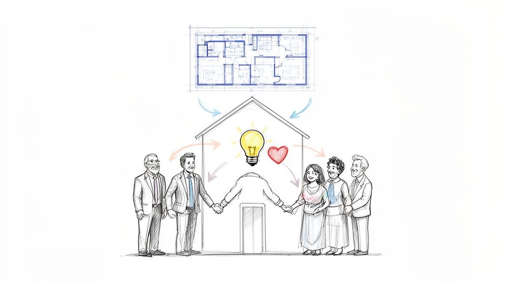 People collaborate around a house blueprint with ideas and a heart, symbolizing community planning.