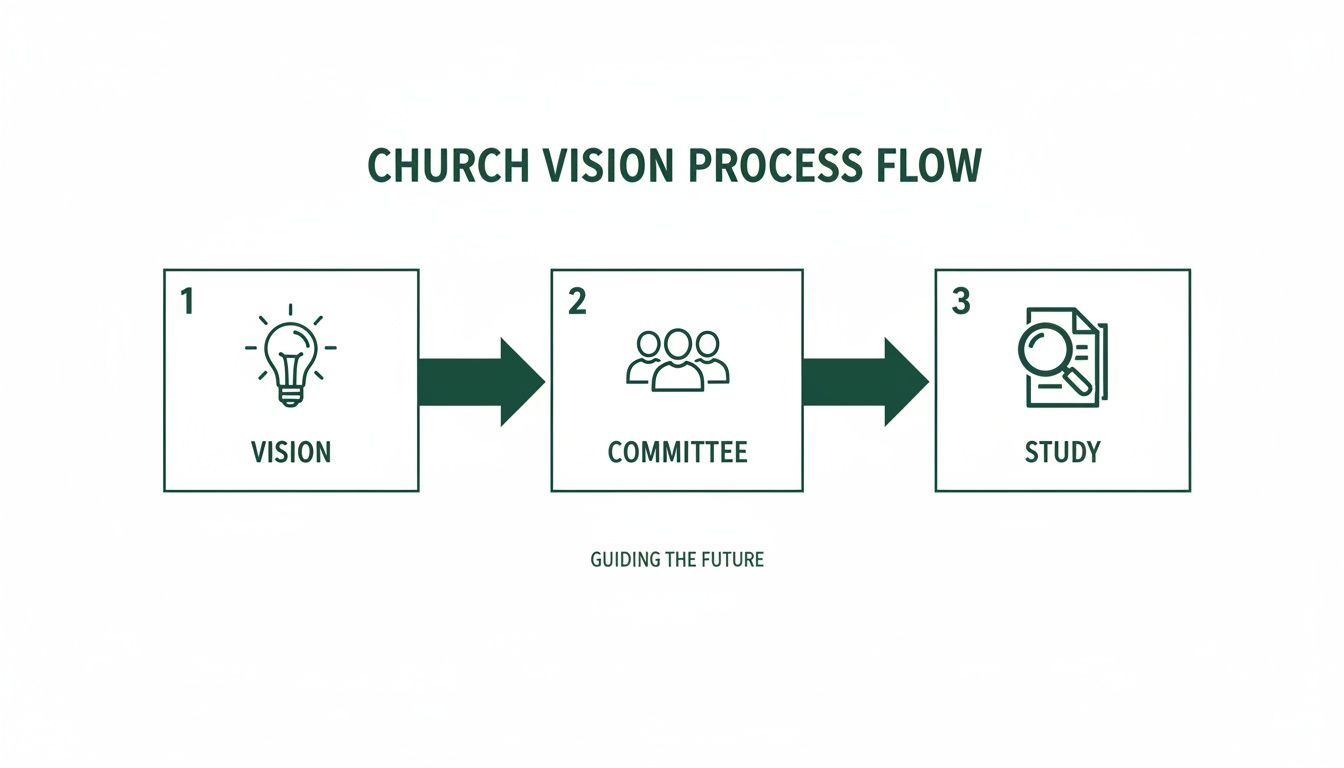 A diagram illustrating the church vision process flow, showing steps: Vision, Committee, and Study, guiding the future.