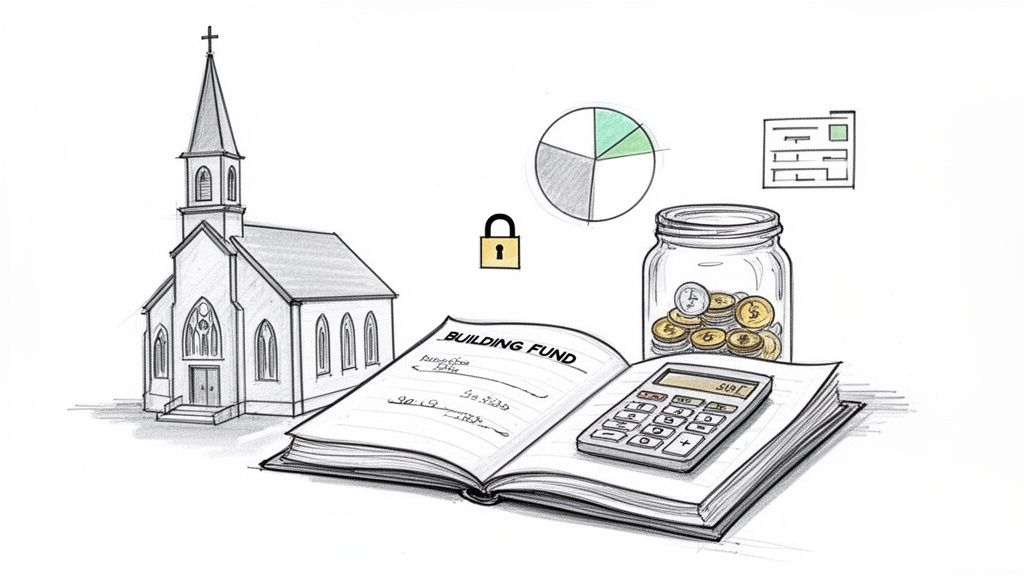 Illustration showing a church, building fund ledger, calculator, money jar, and financial planning graphics.