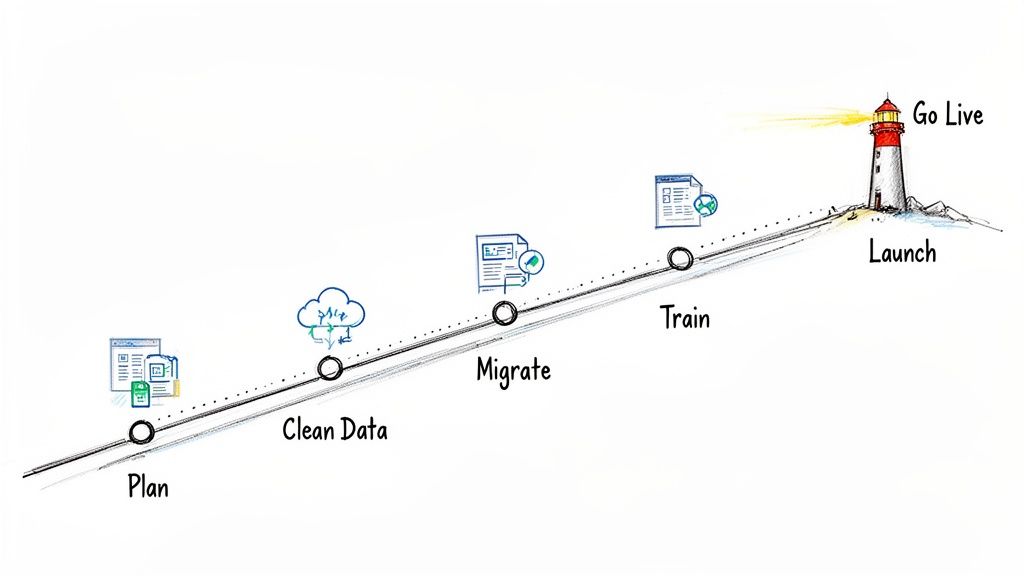 An illustrative roadmap showing a project lifecycle with steps: Plan, Clean Data, Migrate, Train, and Launch, culminating in a lighthouse marked 'Go Live'.