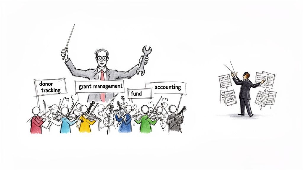 A cartoon comparing unified orchestration of nonprofit tasks like donor tracking and accounting with chaotic, uncoordinated management.
