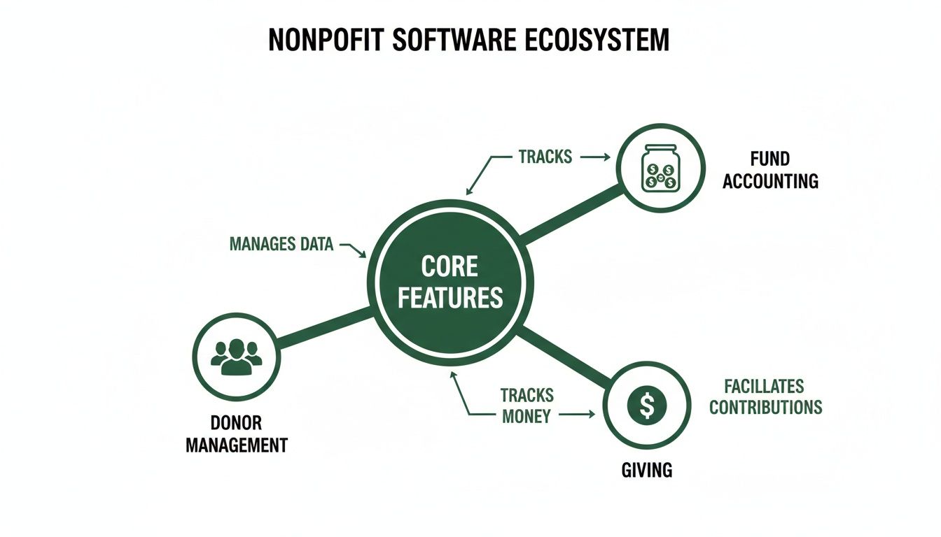 Diagram illustrating the nonprofit software ecosystem, showing core features linked to donor management, fund accounting, and giving.