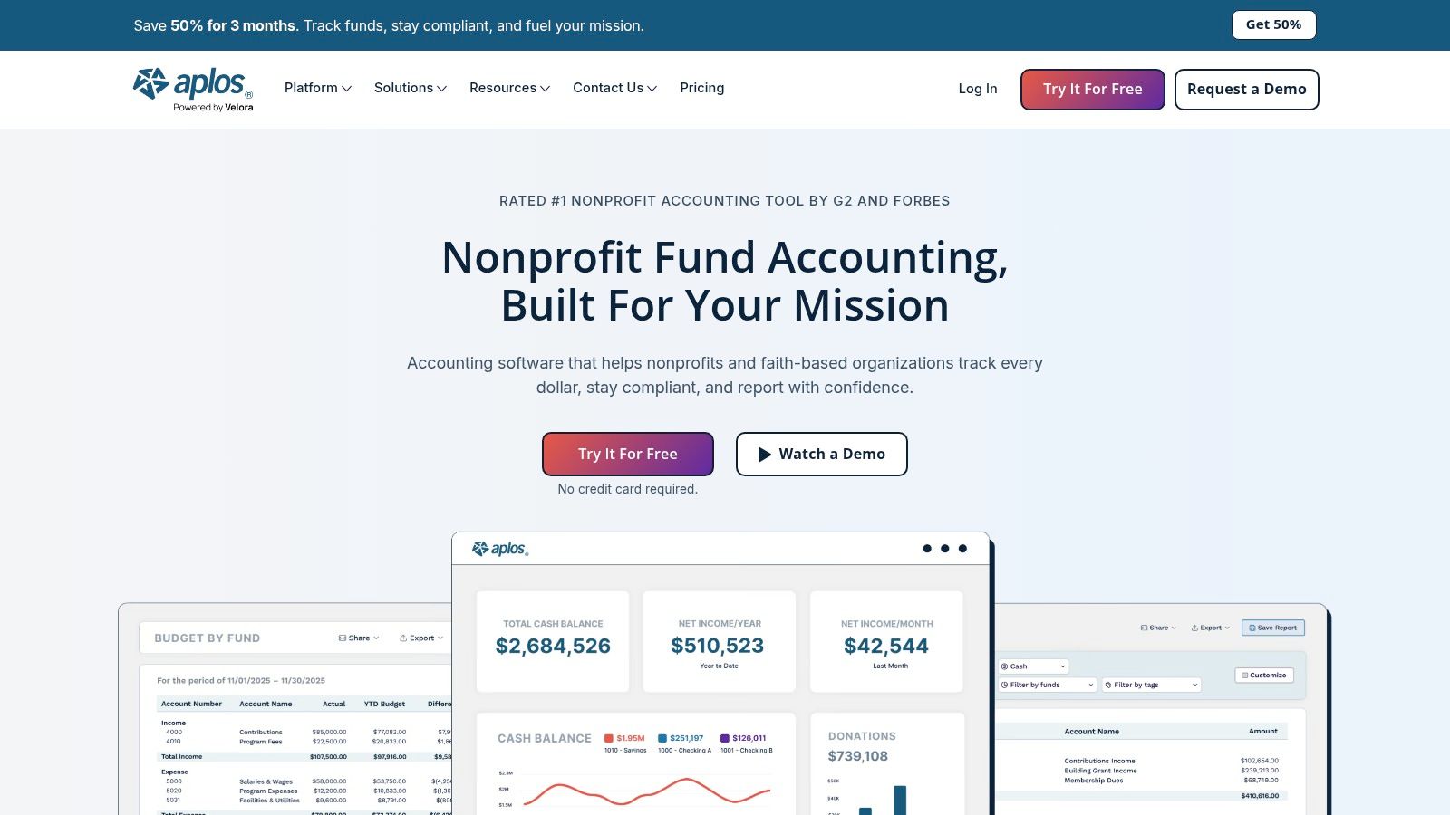 Aplos dashboard showing fund accounting and financial overview
