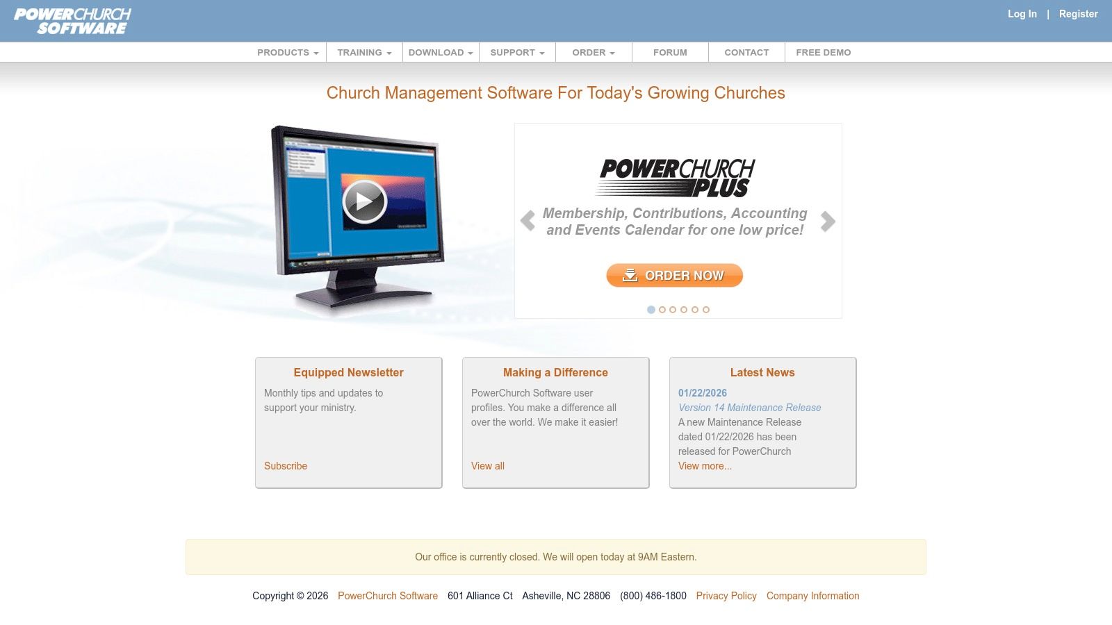 PowerChurch Plus / PowerChurch Online dashboard showing member and contribution data