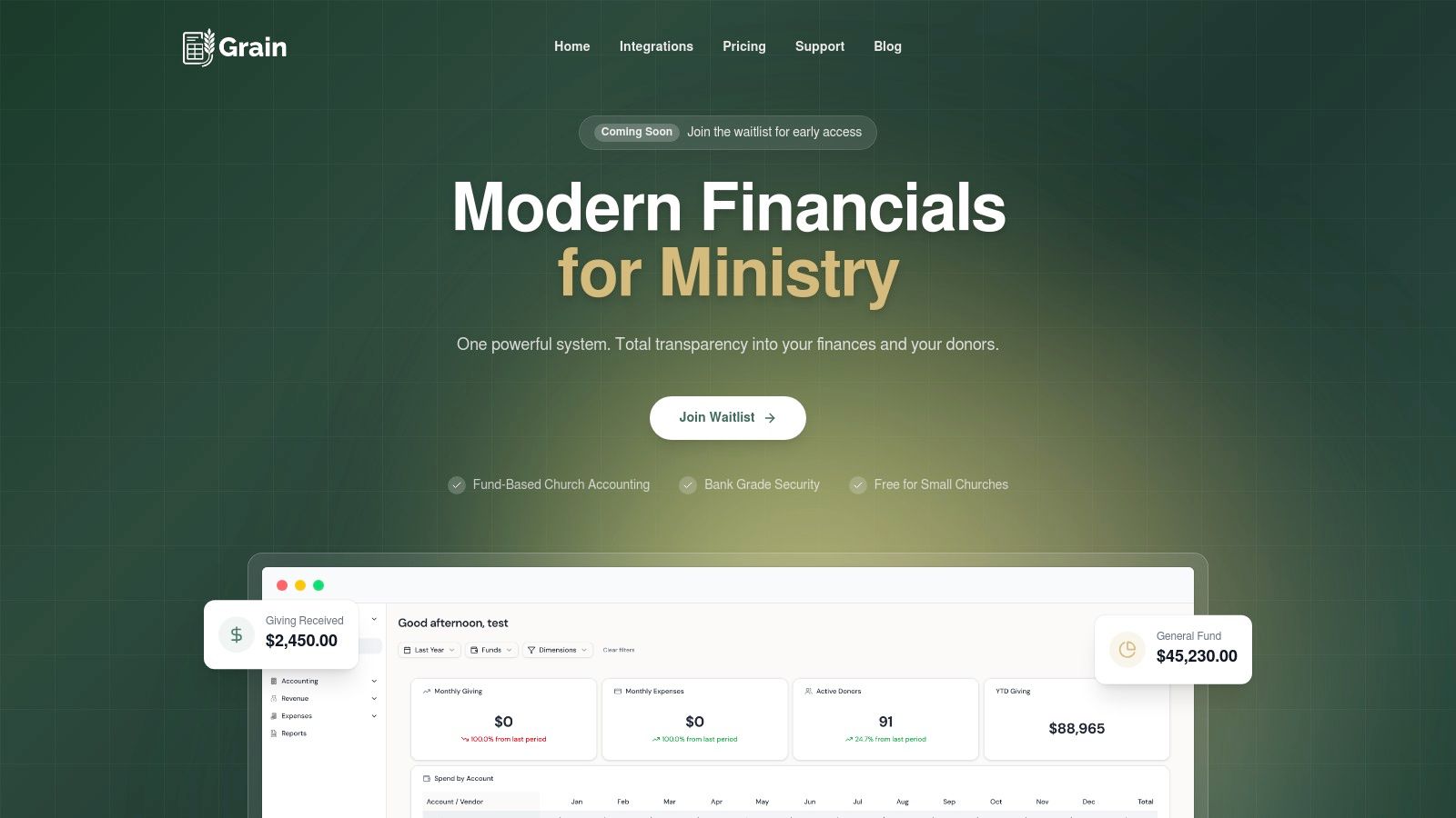 An example of Grain's financial dashboard showing key metrics for church accounting