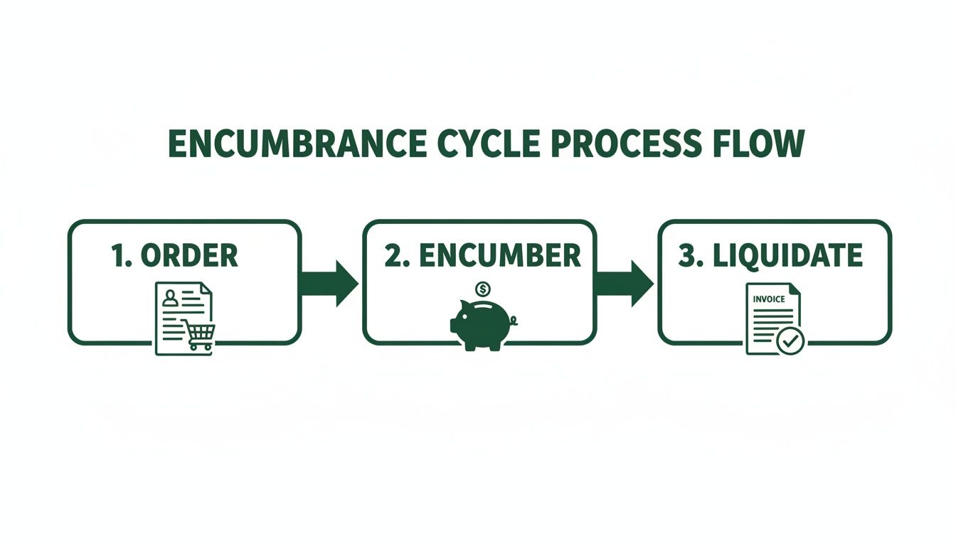 A green and white diagram illustrates the encumbrance cycle process with three steps: Order, Encumber, Liquidate.