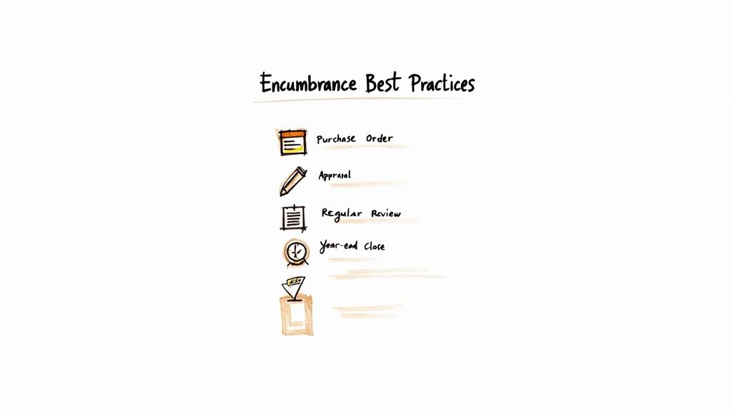 An illustration outlining encumbrance best practices, including purchase orders, approvals, regular review, and year-end close.