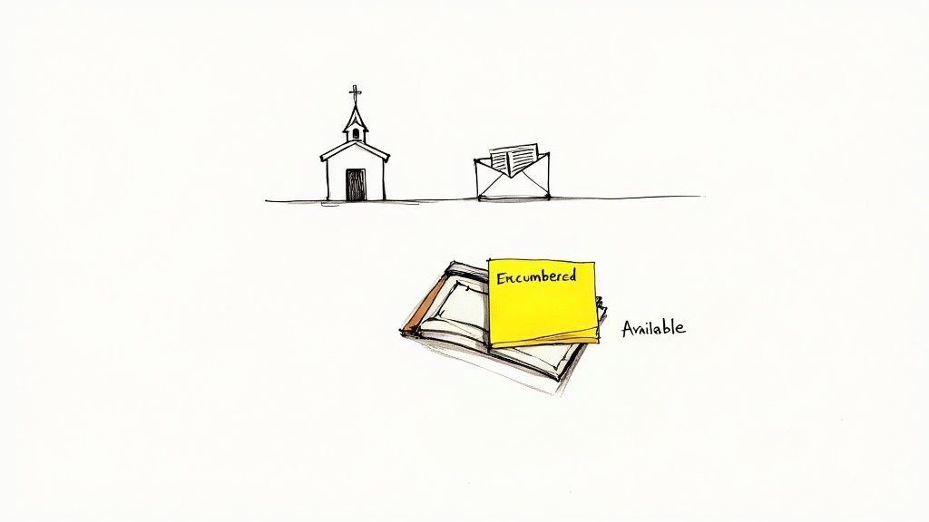 An illustration with a church, an open envelope, and books with a sticky note saying 'Encumbered' and 'Available'.
