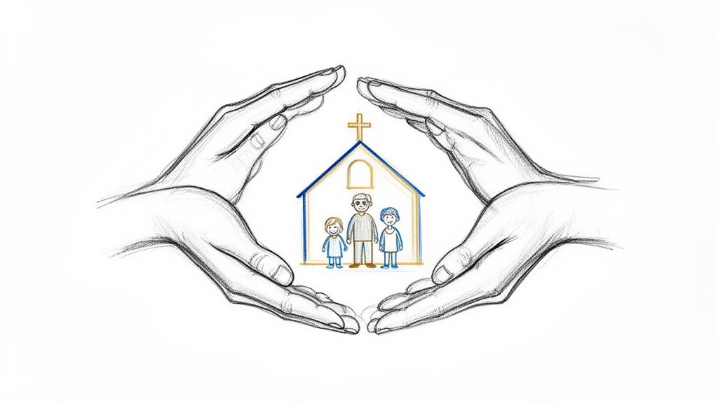 Sketch of two cupped hands protecting a house with a cross and a family inside.