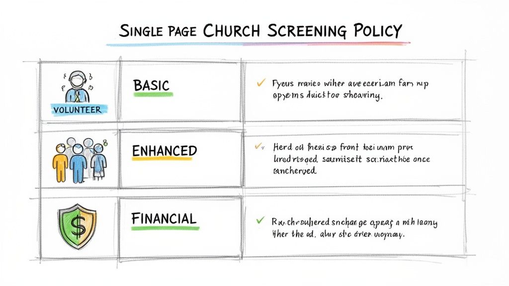 A single page church screening policy outlining basic, enhanced, and financial screening levels.