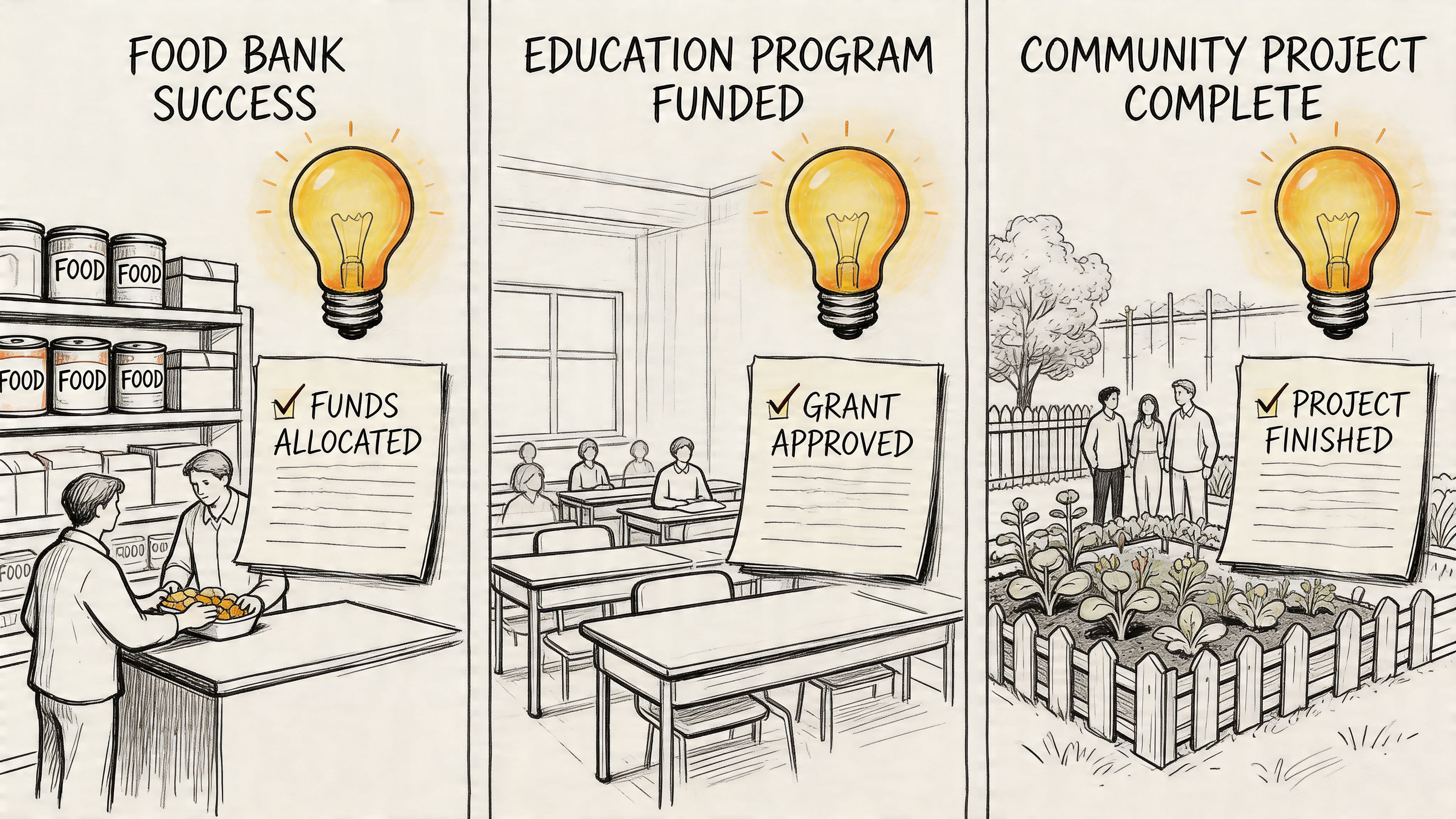 A triptych illustration showing a food bank, an educational classroom, and a community garden project.