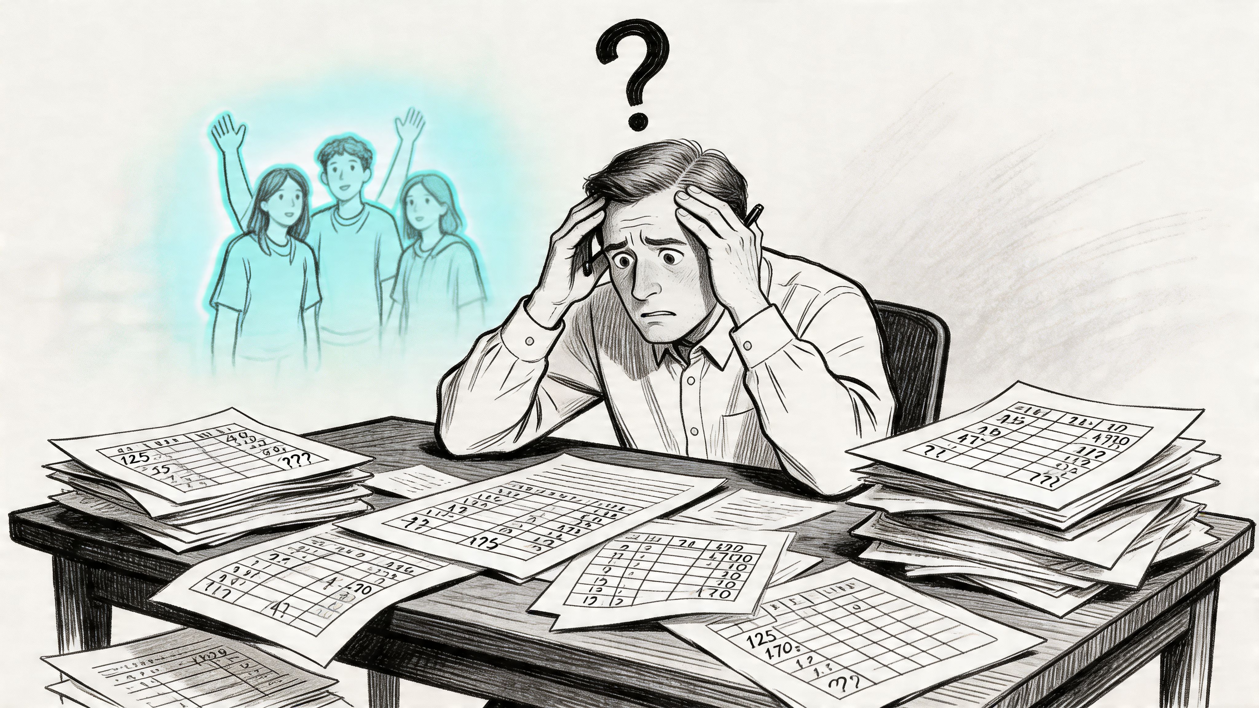 A stressed man overwhelmed by piles of paperwork with a ghostly vision of smiling people above him.