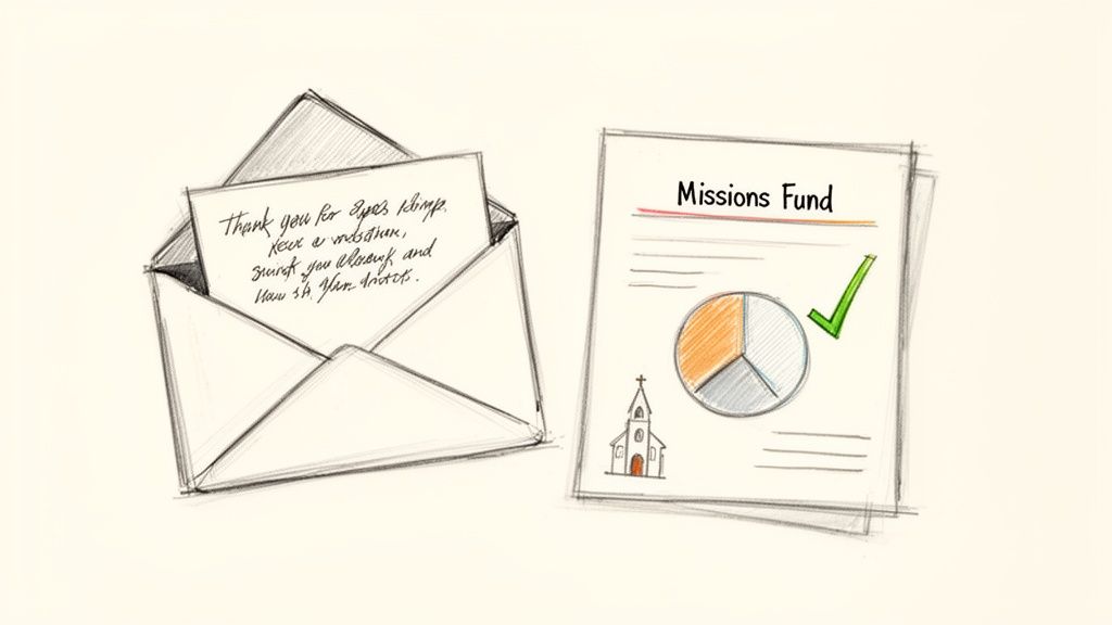 Hand-drawn open envelope with a thank you letter and a Missions Fund document.