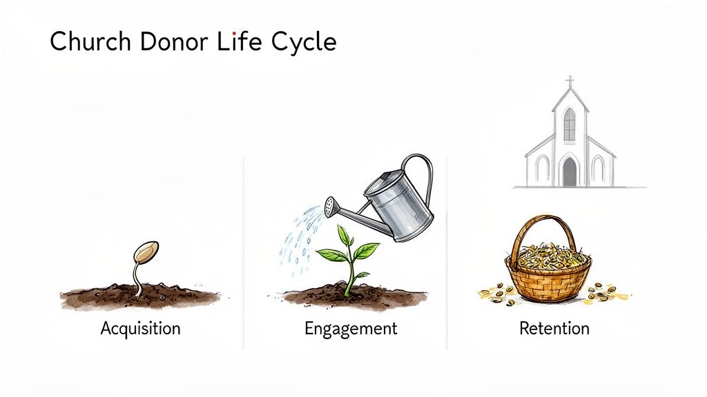 Illustration showing the Church Donor Life cycle: acquisition (seed), engagement (plant), and retention (harvest).