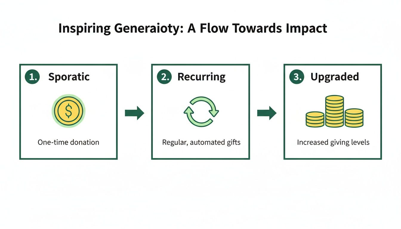 A three-stage flow diagram showing donor progression from sporadic to recurring and upgraded giving levels.