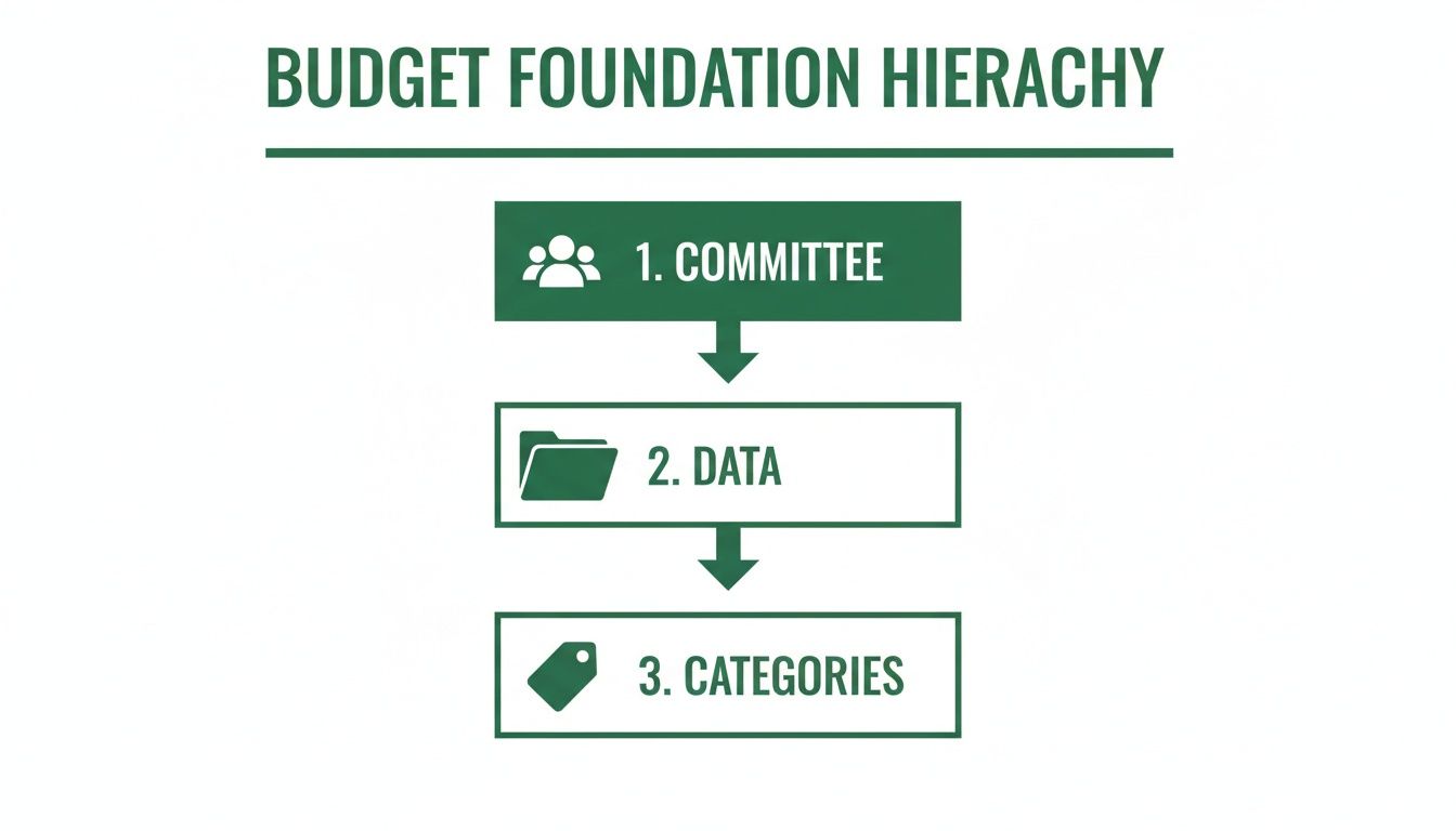 A hierarchical diagram illustrating the budget foundation steps: Committee, Data, and Categories, with downward arrows.
